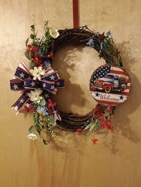 250th Patriotic Welcome Grapevine Wreath with Flag Bow - Red, White & Blue